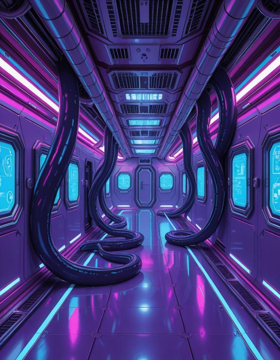 A highly detailed futuristic spaceship corridor,  illuminated by soft neon blue and purple lights. The walls are made of s...