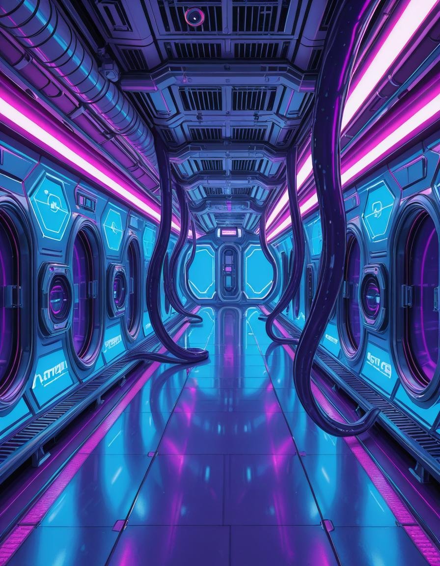 A highly detailed futuristic spaceship corridor,  illuminated by soft neon blue and purple lights. The walls are made of s...