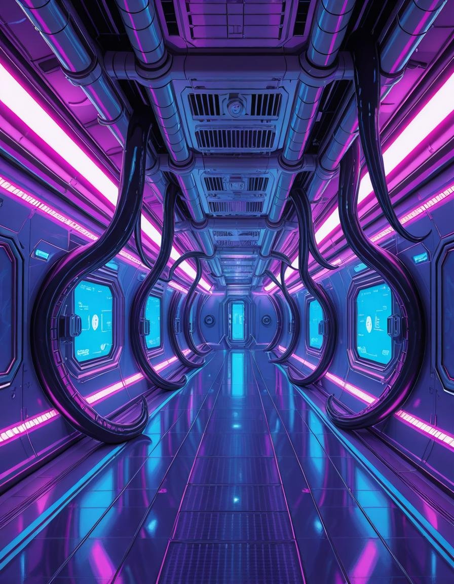 A highly detailed futuristic spaceship corridor,  illuminated by soft neon blue and purple lights. The walls are made of s...