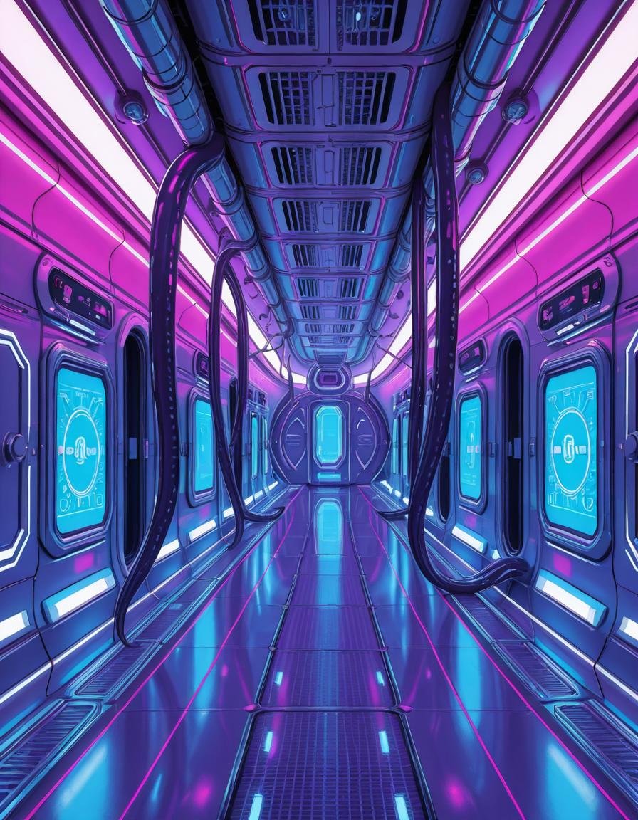 A highly detailed futuristic spaceship corridor,  illuminated by soft neon blue and purple lights. The walls are made of s...