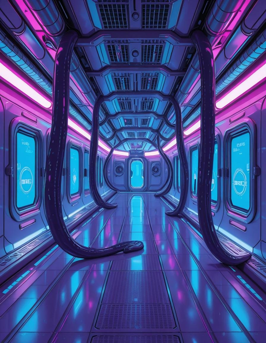 A highly detailed futuristic spaceship corridor,  illuminated by soft neon blue and purple lights. The walls are made of s...