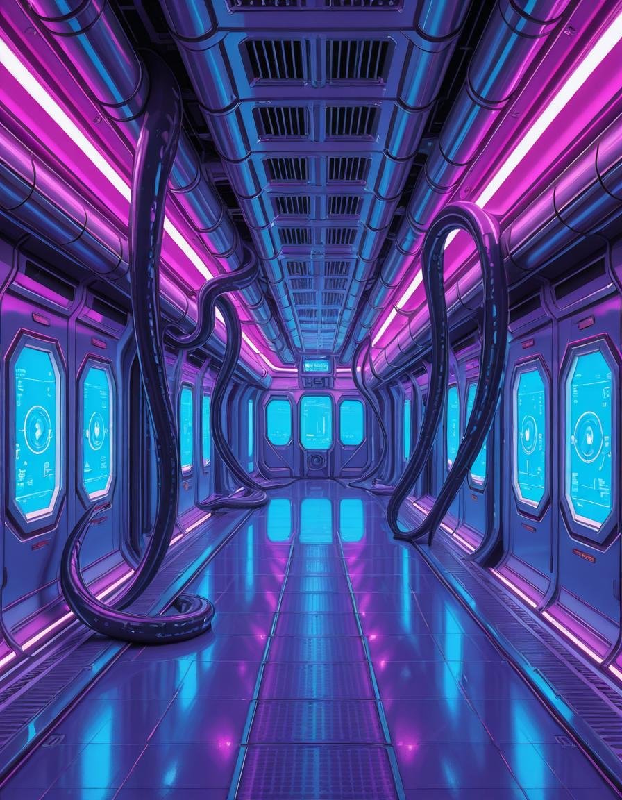 A highly detailed futuristic spaceship corridor,  illuminated by soft neon blue and purple lights. The walls are made of s...