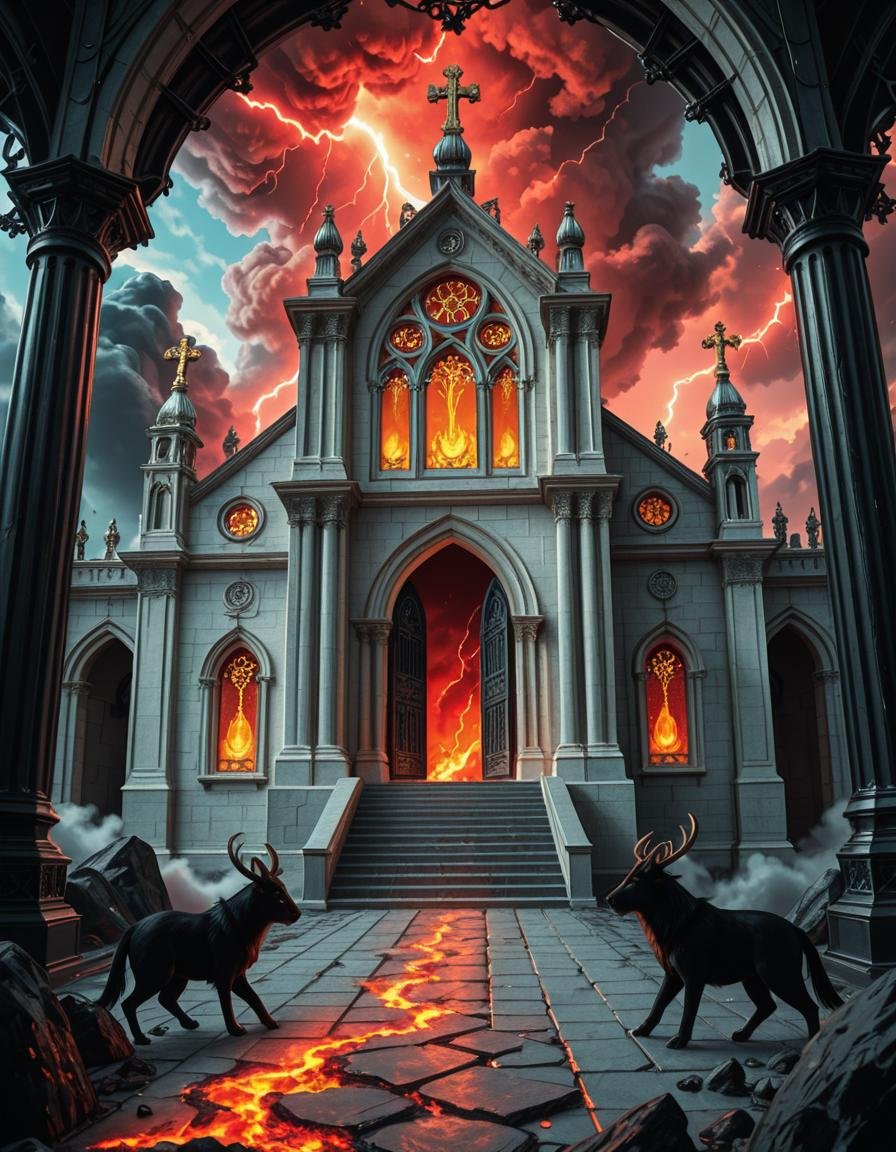 A once-majestic celestial temple,  now under siege by the forces of Hell. The grand white stone structure is cracked and s...