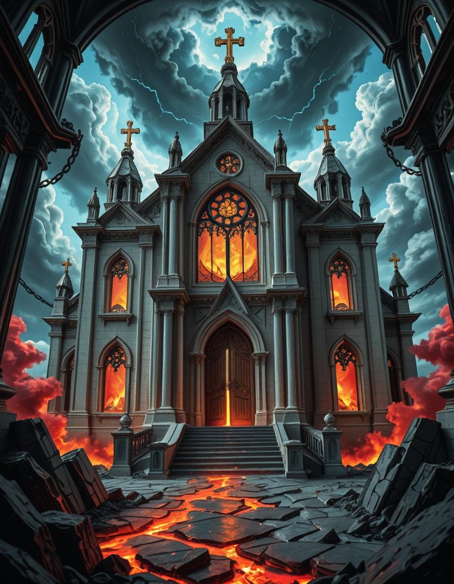 A once-majestic celestial temple,  now under siege by the forces of Hell. The grand white stone structure is cracked and s...
