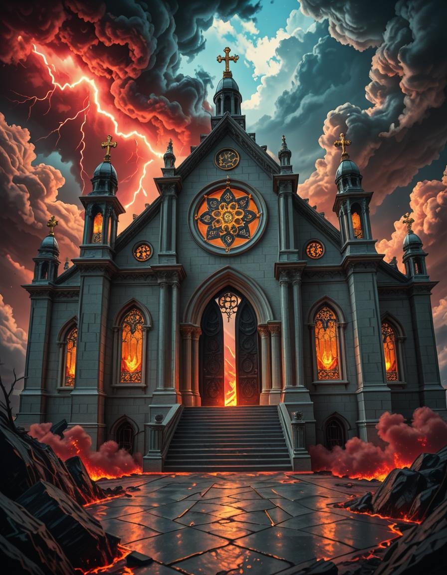 A once-majestic celestial temple,  now under siege by the forces of Hell. The grand white stone structure is cracked and s...