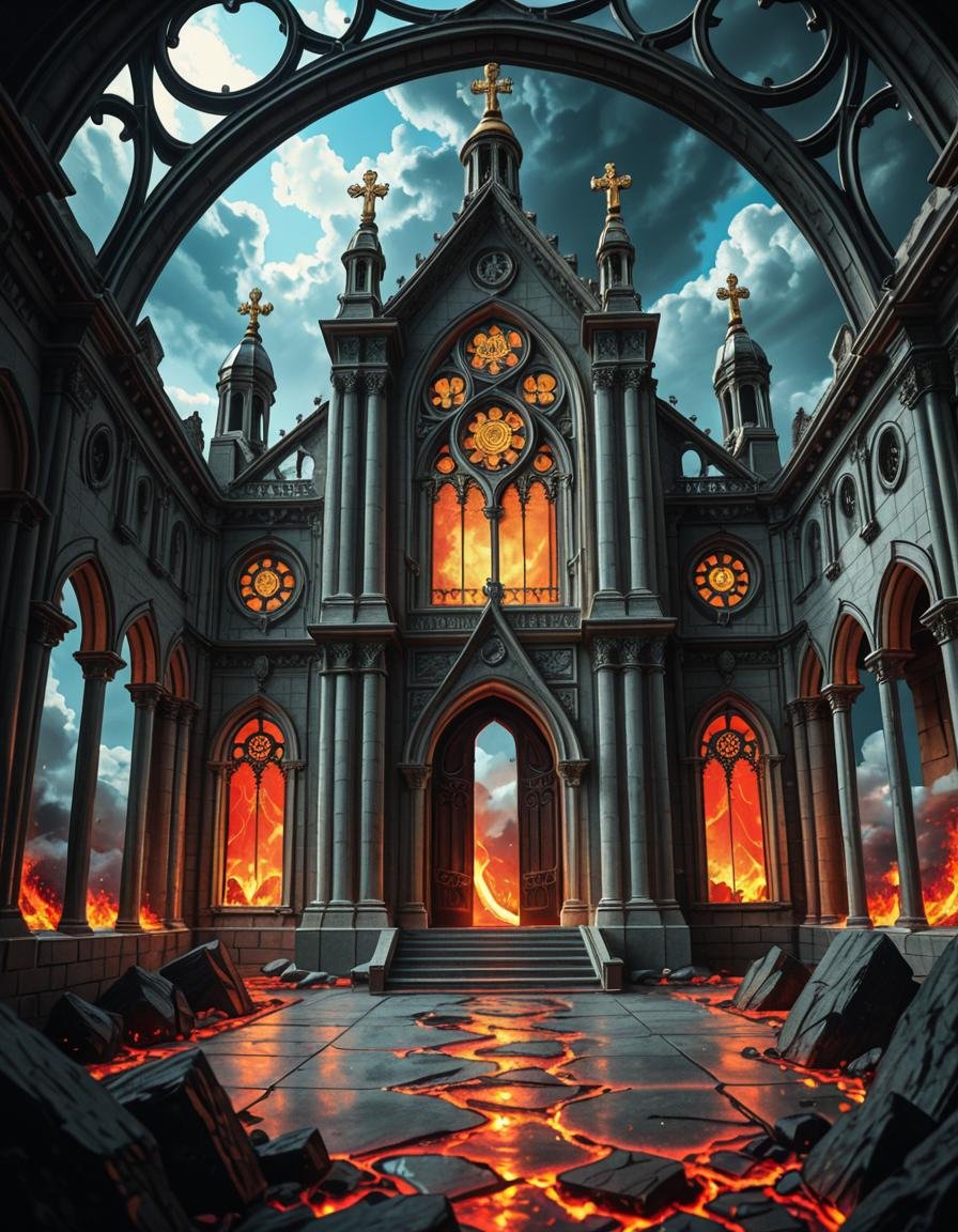 A once-majestic celestial temple,  now under siege by the forces of Hell. The grand white stone structure is cracked and s...
