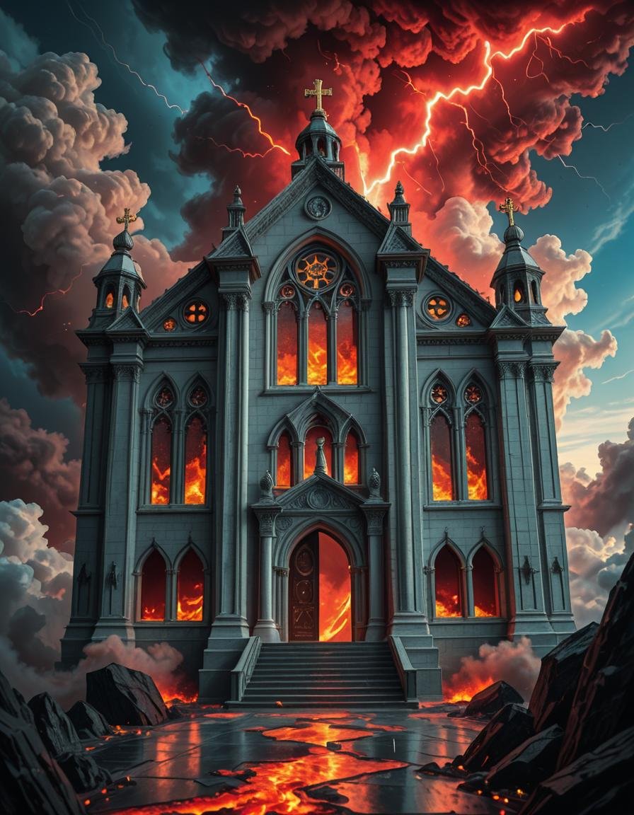 A once-majestic celestial temple,  now under siege by the forces of Hell. The grand white stone structure is cracked and s...