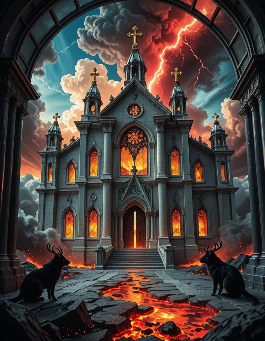 A once-majestic celestial temple,  now under siege by the forces of Hell. The grand white stone structure is cracked and s...