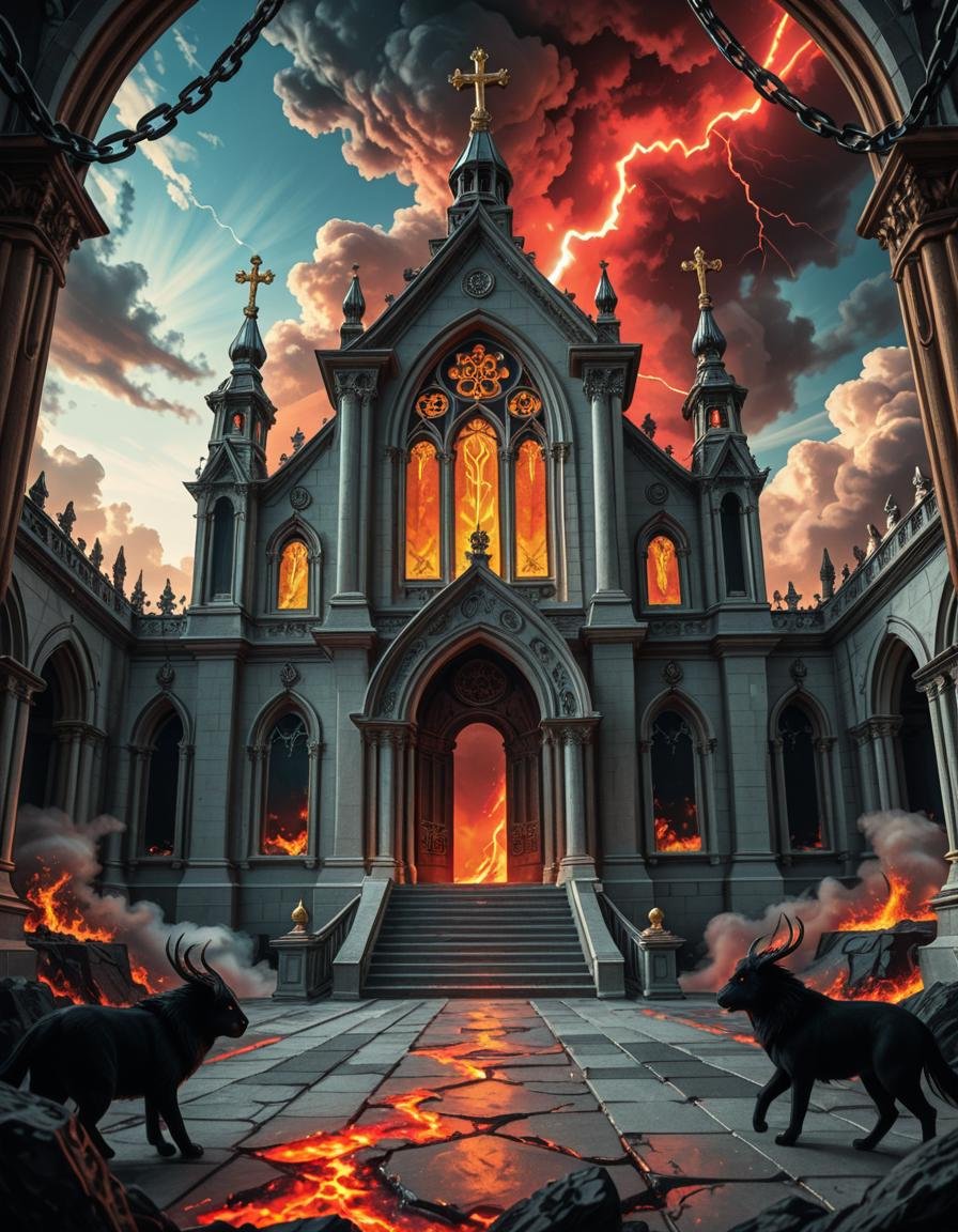 A once-majestic celestial temple,  now under siege by the forces of Hell. The grand white stone structure is cracked and s...