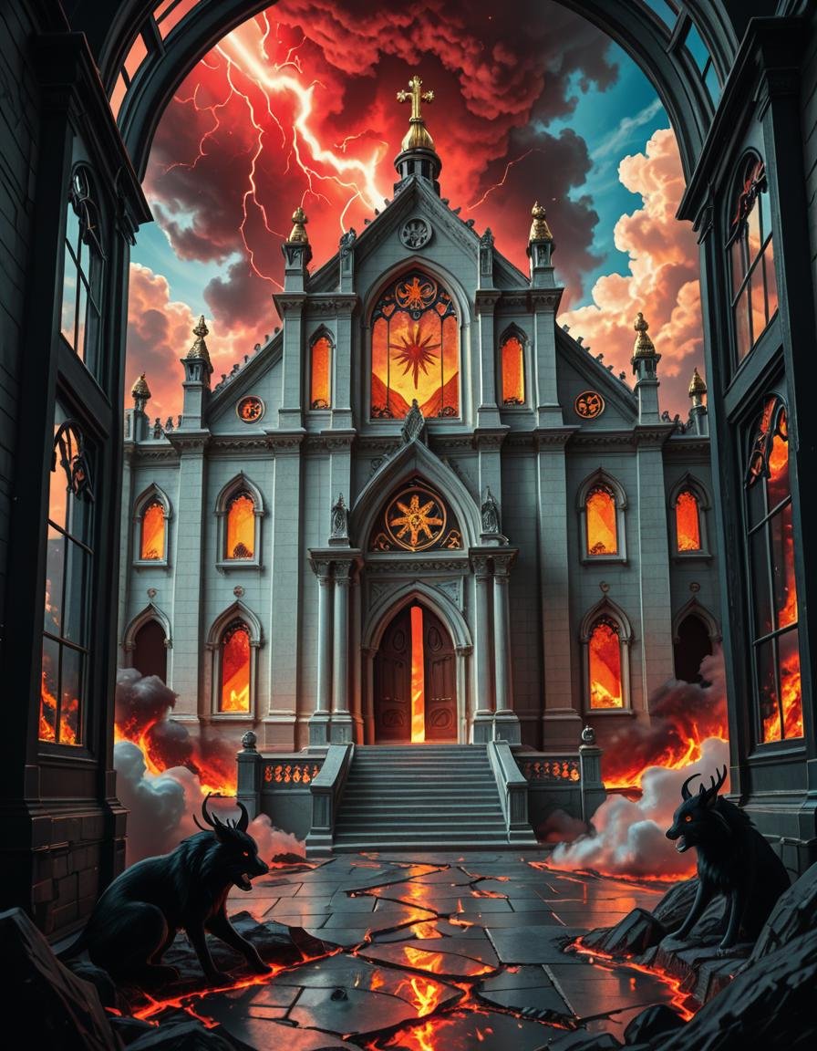 A once-majestic celestial temple,  now under siege by the forces of Hell. The grand white stone structure is cracked and s...
