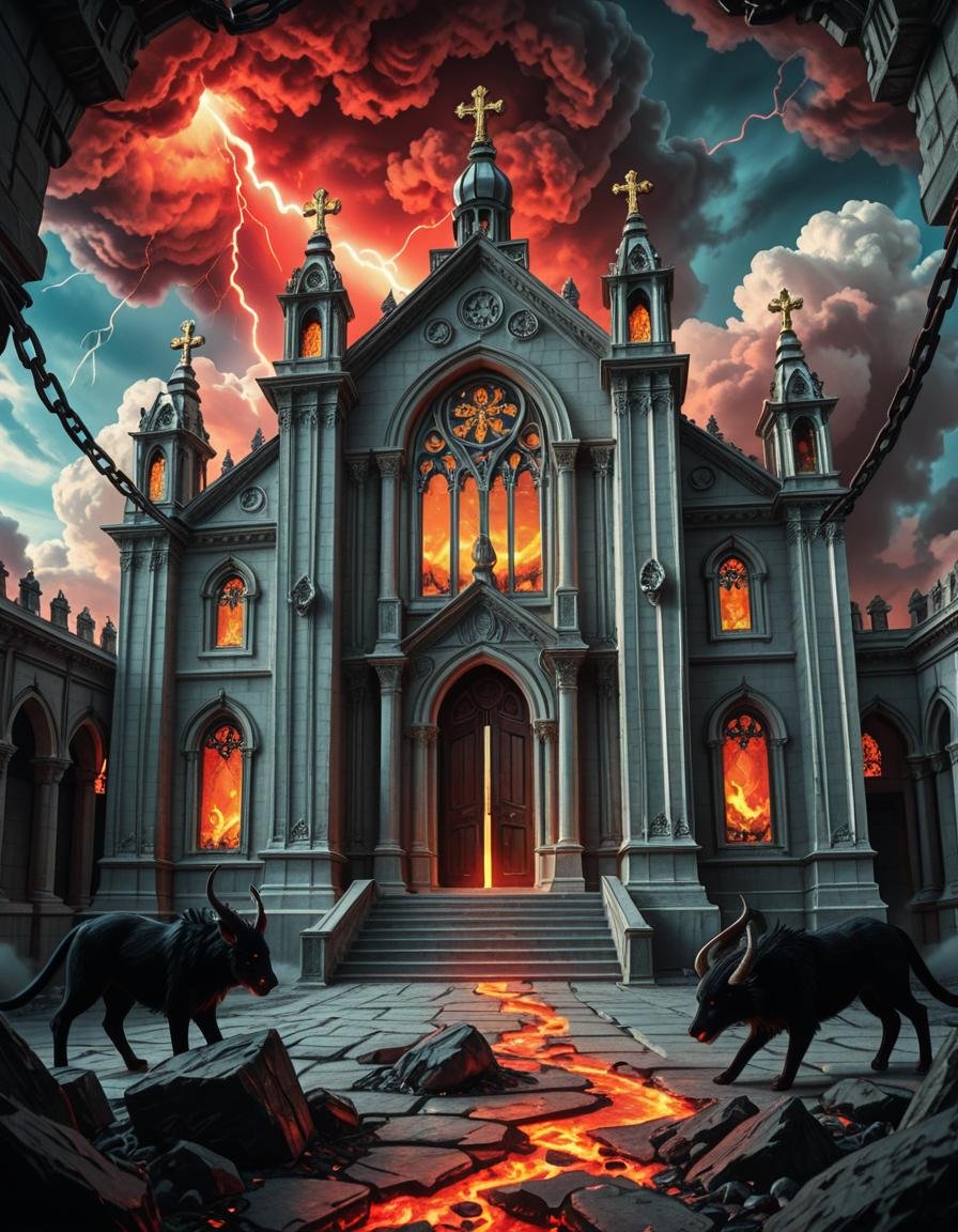 A once-majestic celestial temple,  now under siege by the forces of Hell. The grand white stone structure is cracked and s...