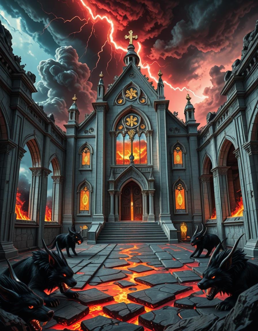 A once-majestic celestial temple,  now under siege by the forces of Hell. The grand white stone structure is cracked and s...
