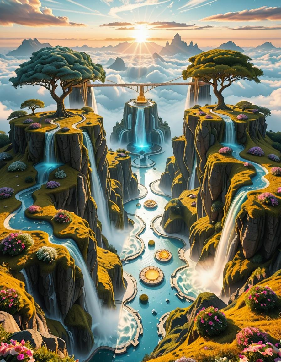 A mesmerizing celestial background featuring an otherworldly paradise. Towering crystalline mountains with peaks that glow...