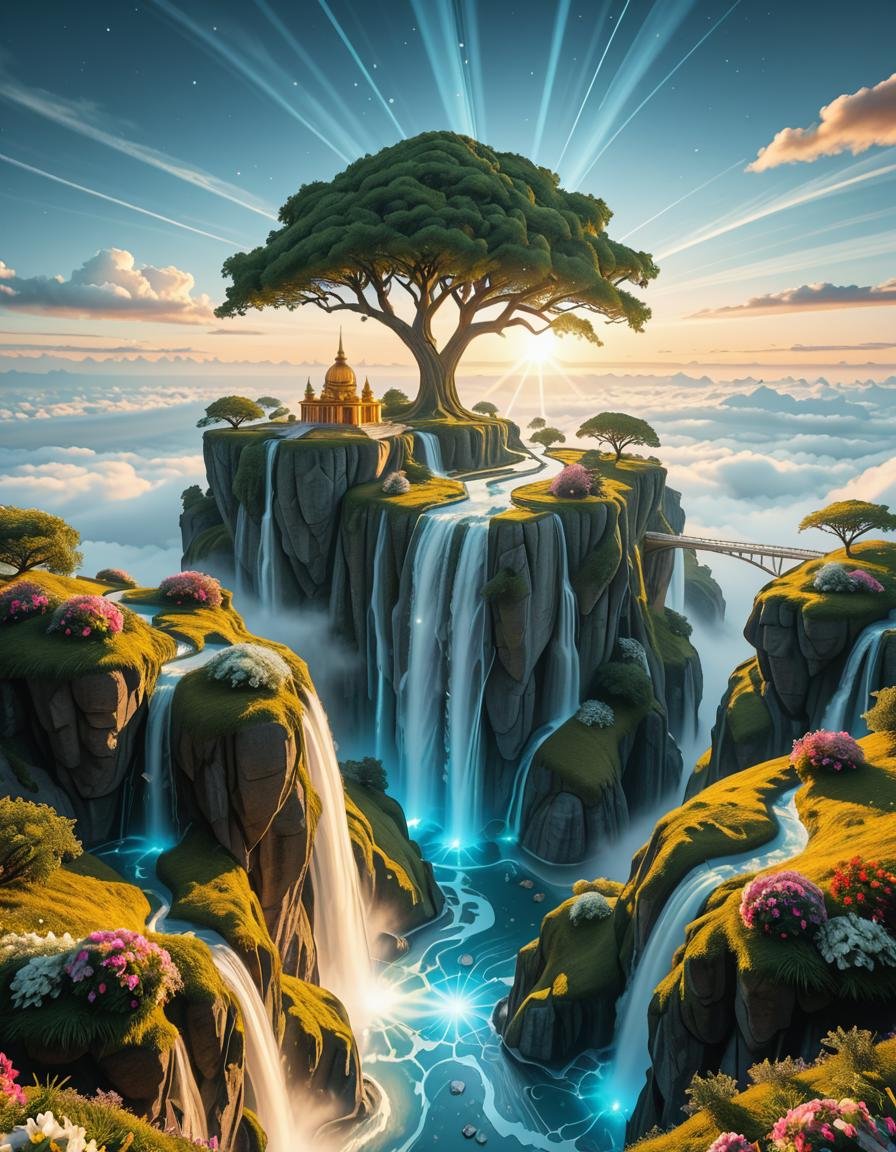A mesmerizing celestial background featuring an otherworldly paradise. Towering crystalline mountains with peaks that glow...