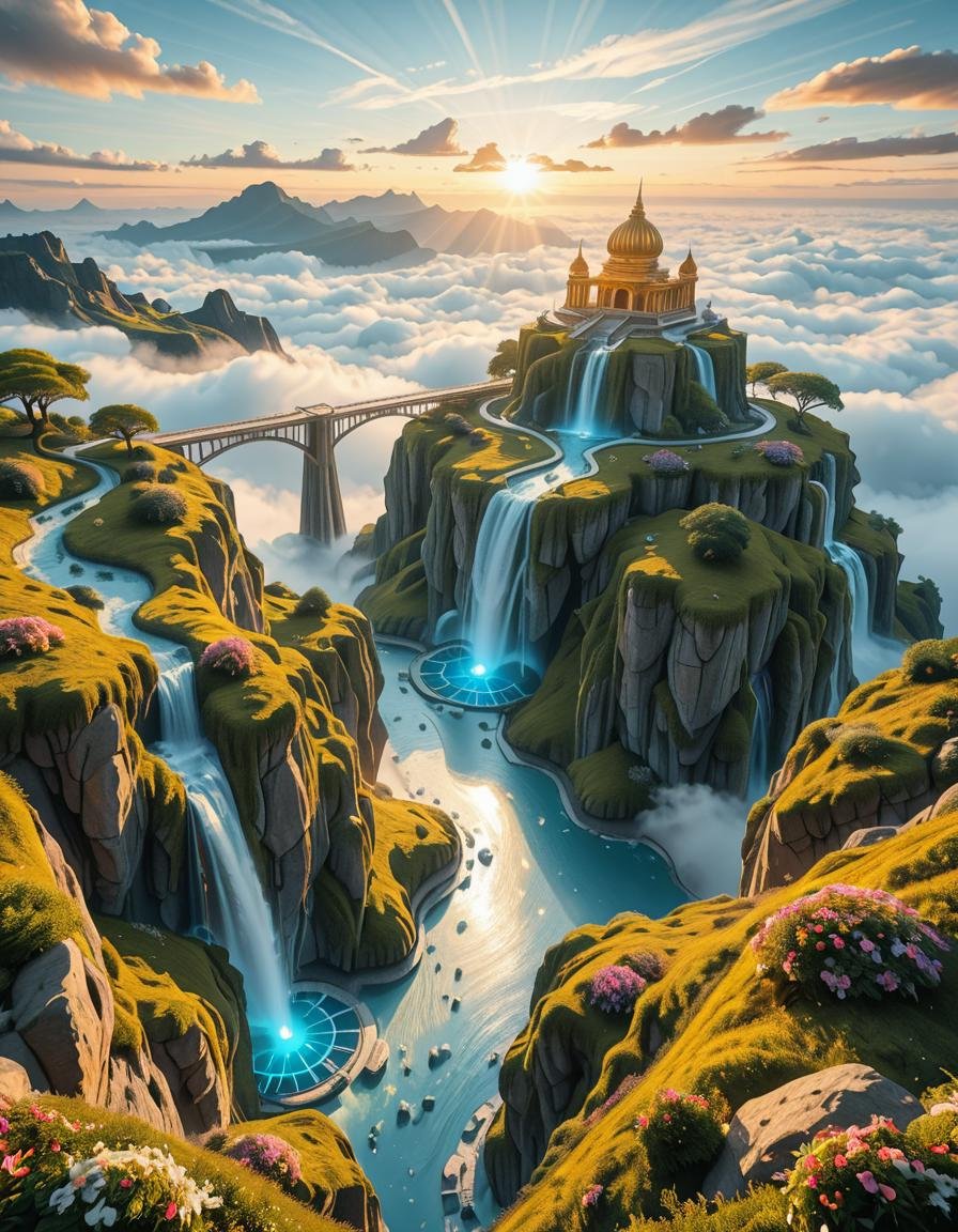 A mesmerizing celestial background featuring an otherworldly paradise. Towering crystalline mountains with peaks that glow...
