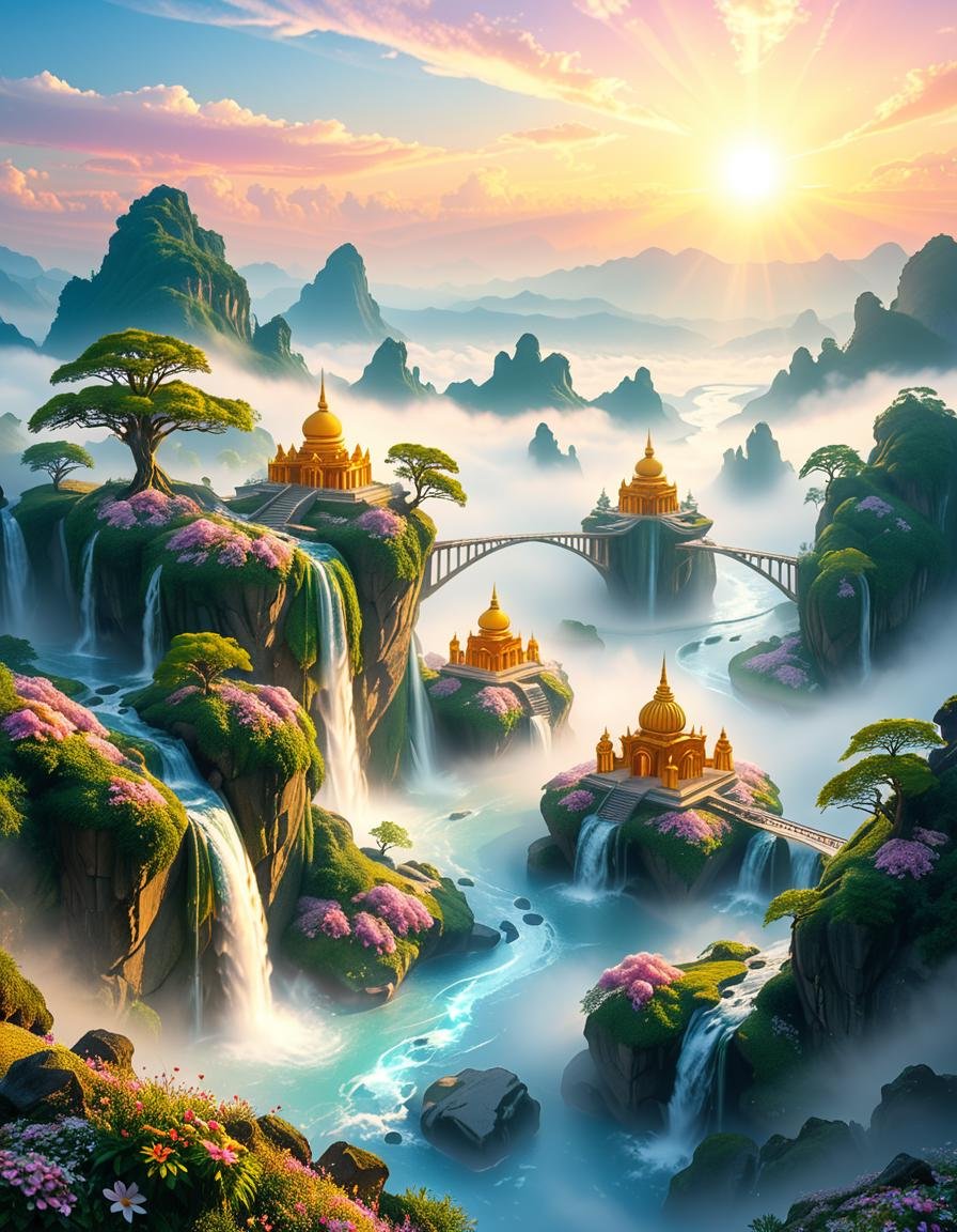 A mesmerizing celestial background featuring an otherworldly paradise. Towering crystalline mountains with peaks that glow...
