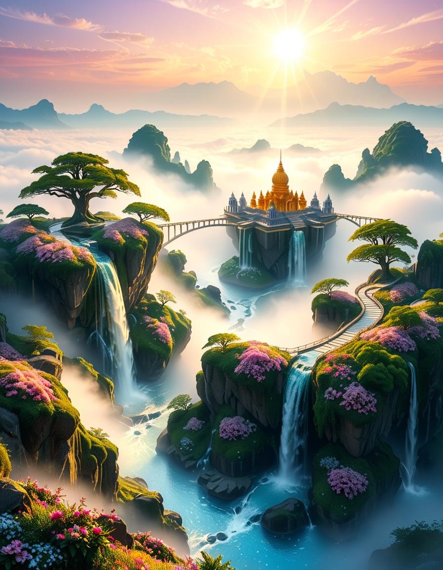 A mesmerizing celestial background featuring an otherworldly paradise. Towering crystalline mountains with peaks that glow...