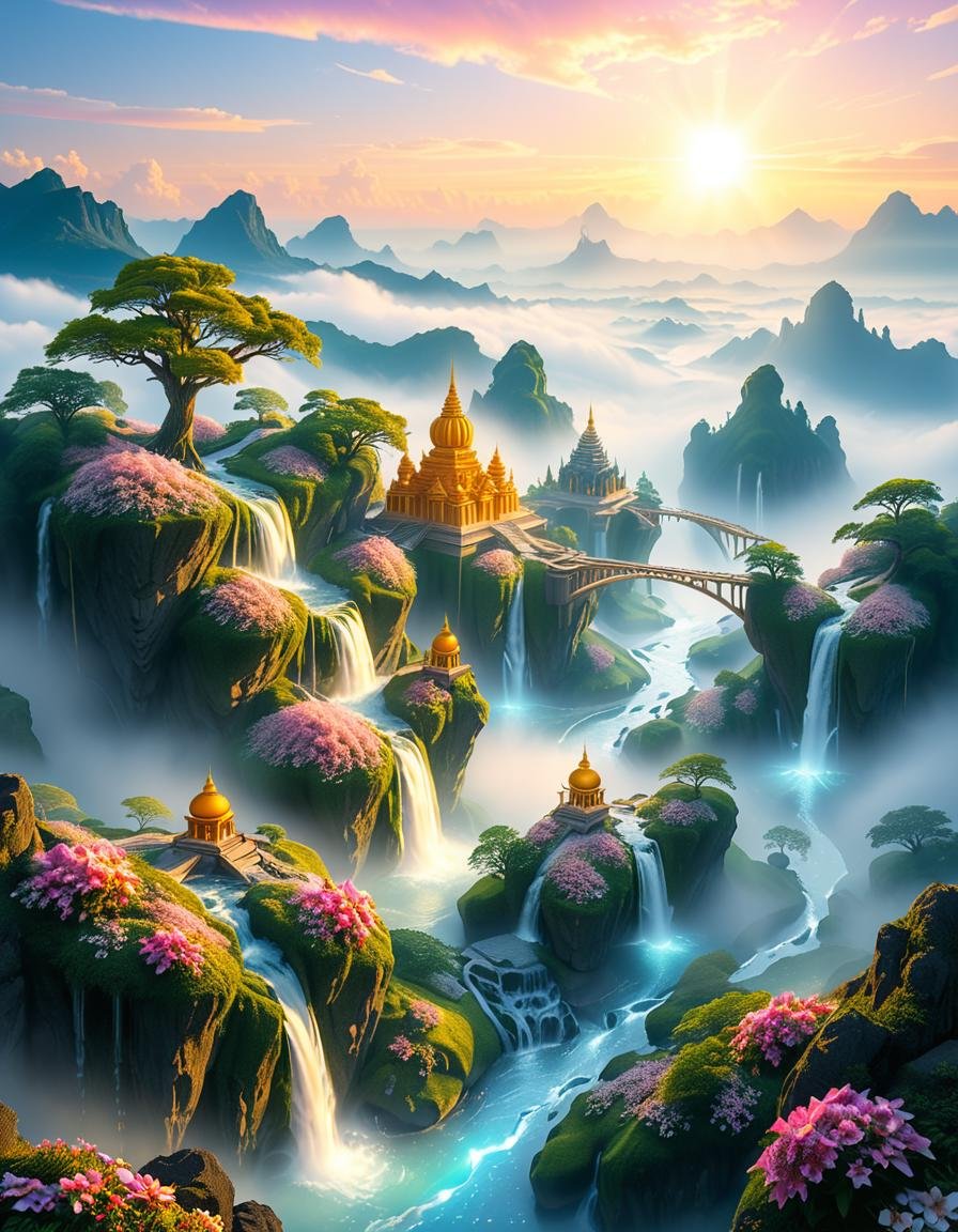 A mesmerizing celestial background featuring an otherworldly paradise. Towering crystalline mountains with peaks that glow...