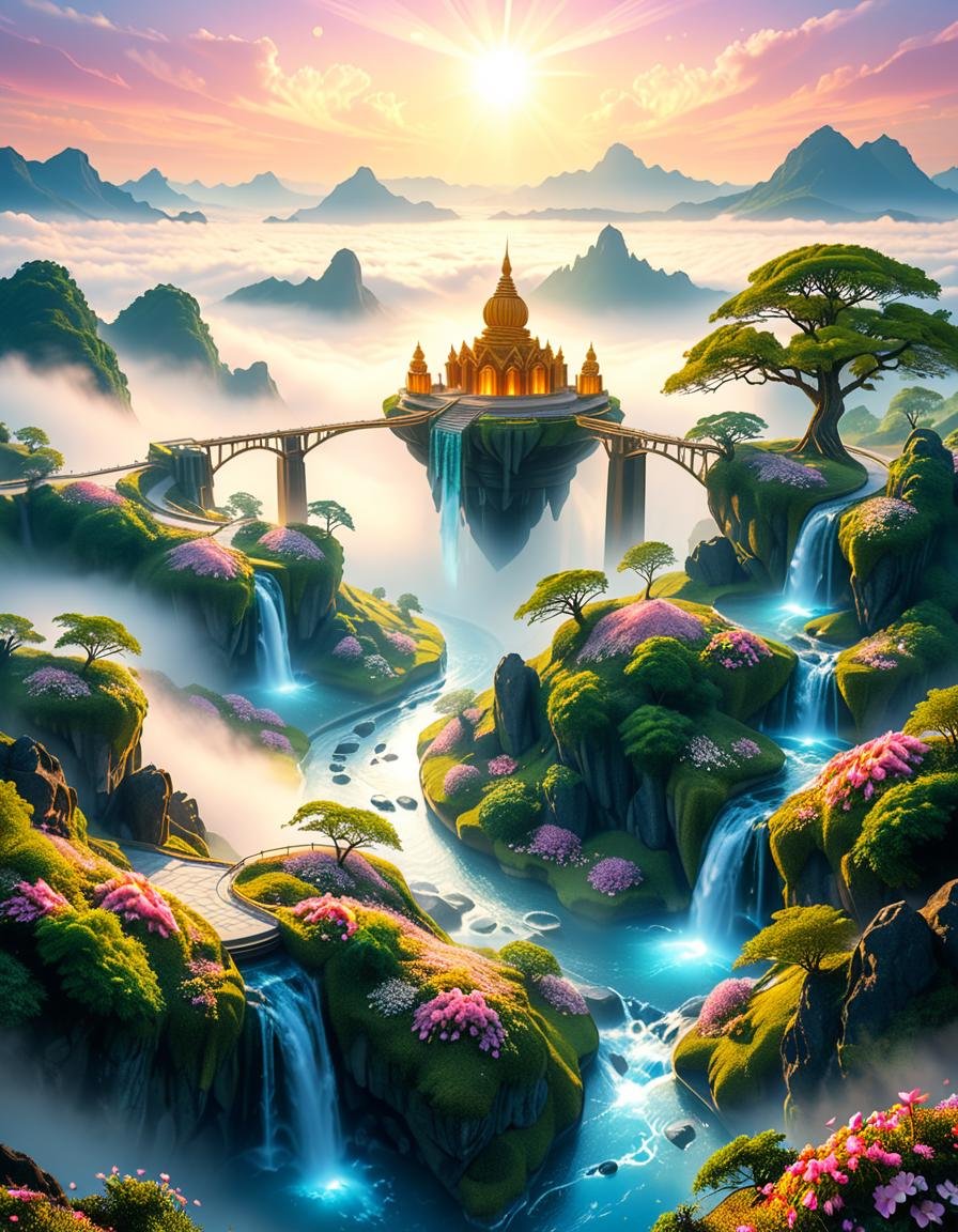 A mesmerizing celestial background featuring an otherworldly paradise. Towering crystalline mountains with peaks that glow...