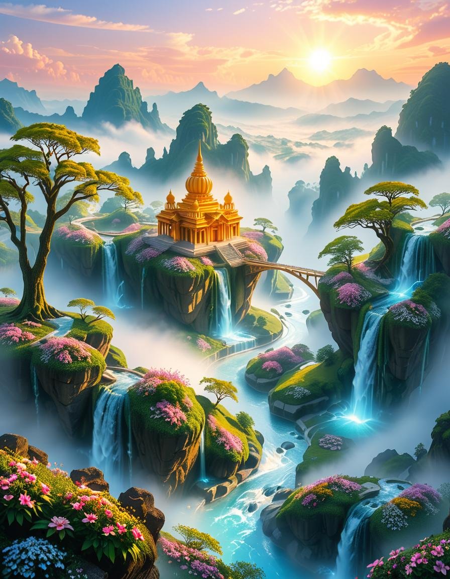A mesmerizing celestial background featuring an otherworldly paradise. Towering crystalline mountains with peaks that glow...