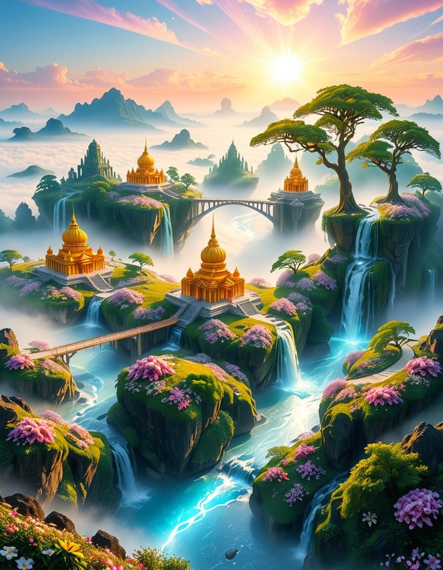 A mesmerizing celestial background featuring an otherworldly paradise. Towering crystalline mountains with peaks that glow...