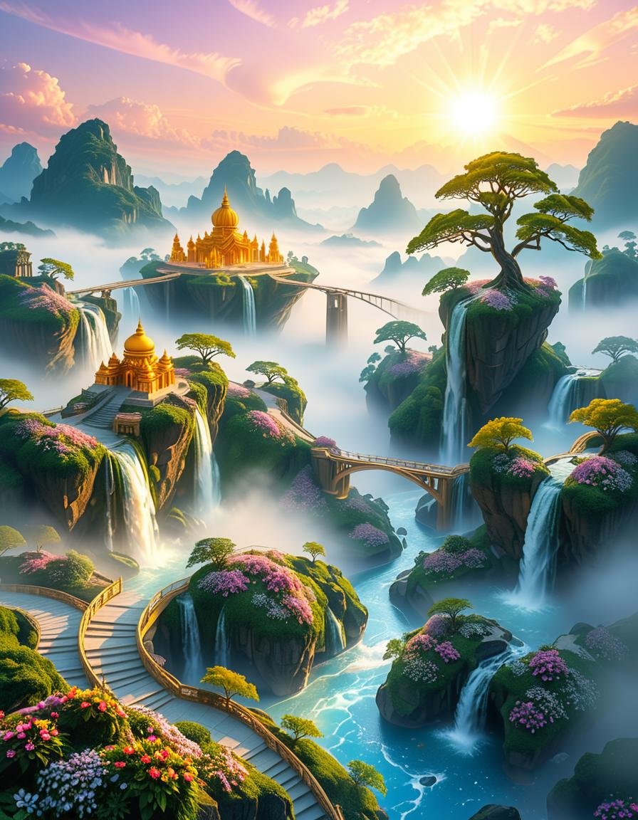 A mesmerizing celestial background featuring an otherworldly paradise. Towering crystalline mountains with peaks that glow...