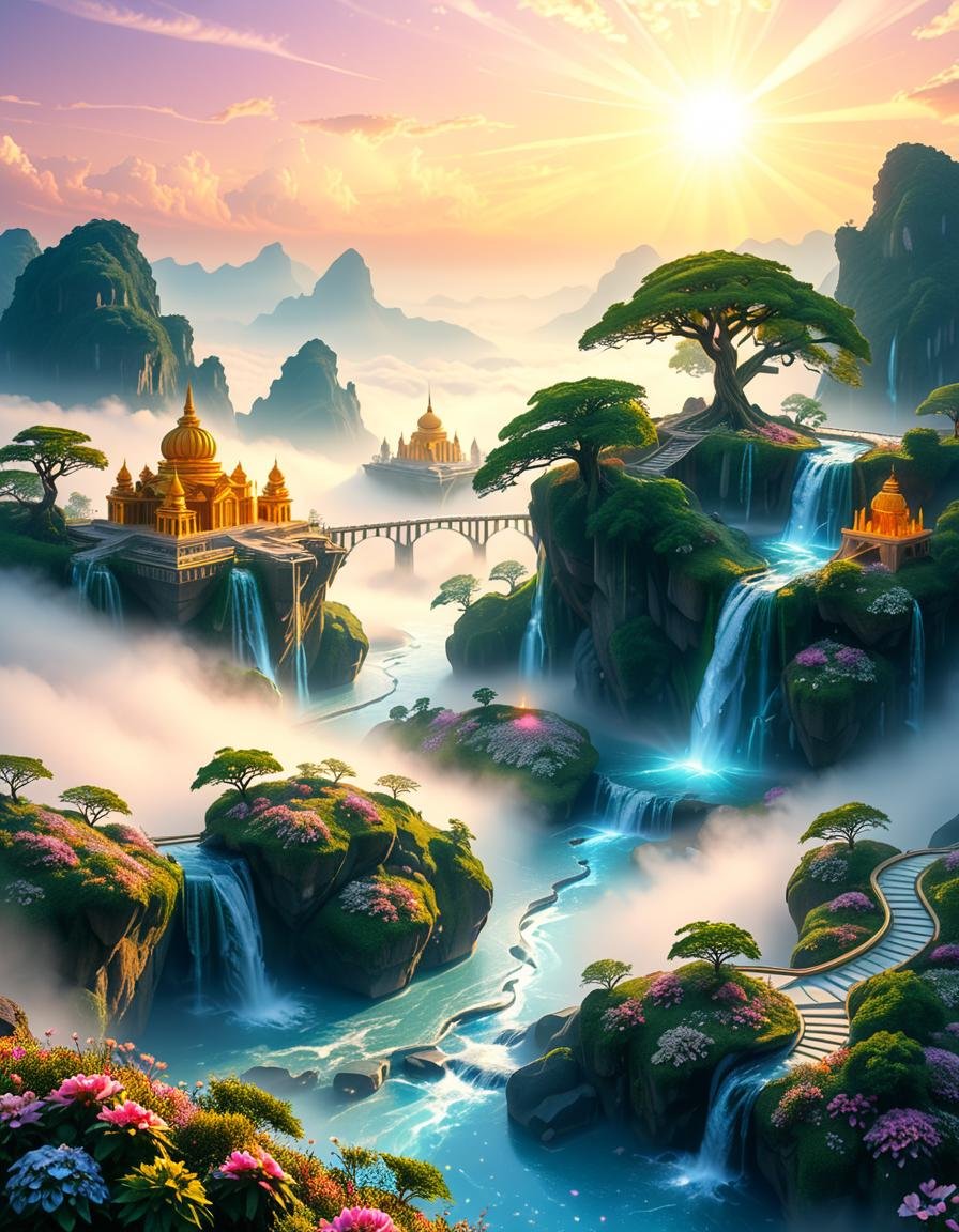A mesmerizing celestial background featuring an otherworldly paradise. Towering crystalline mountains with peaks that glow...