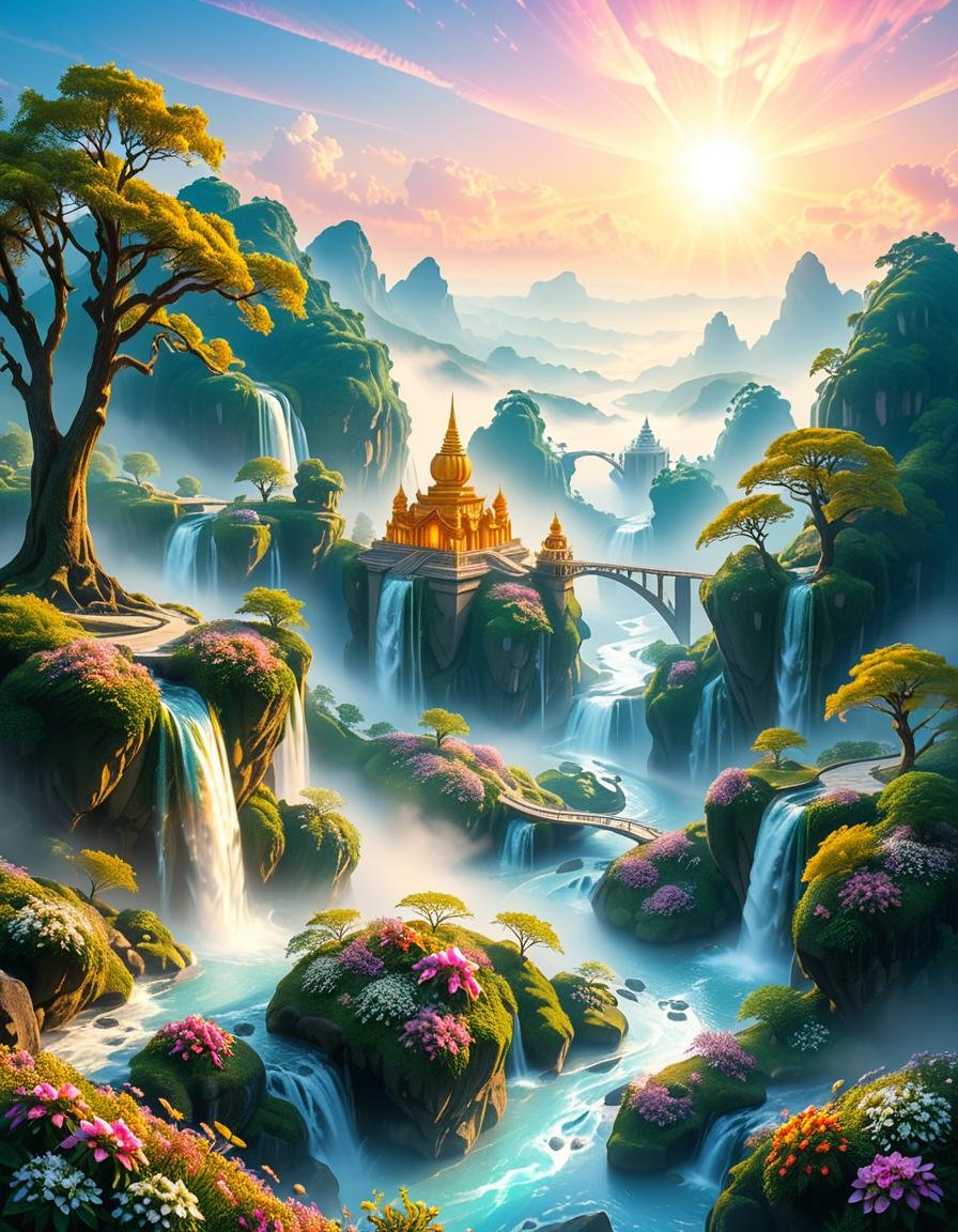 A mesmerizing celestial background featuring an otherworldly paradise. Towering crystalline mountains with peaks that glow...