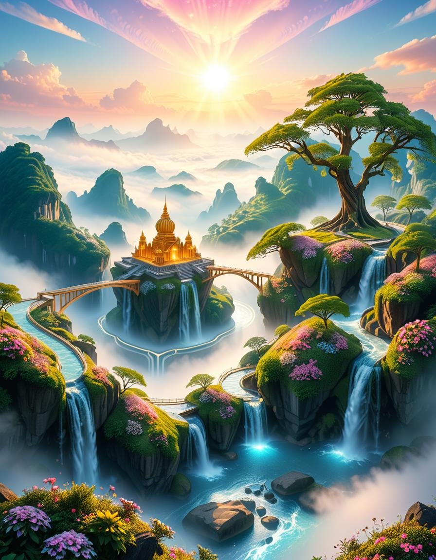 A mesmerizing celestial background featuring an otherworldly paradise. Towering crystalline mountains with peaks that glow...