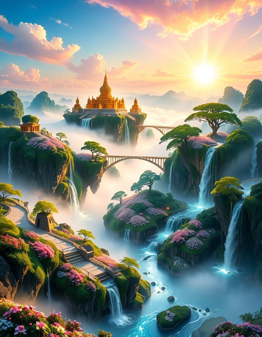 A mesmerizing celestial background featuring an otherworldly paradise. Towering crystalline mountains with peaks that glow...