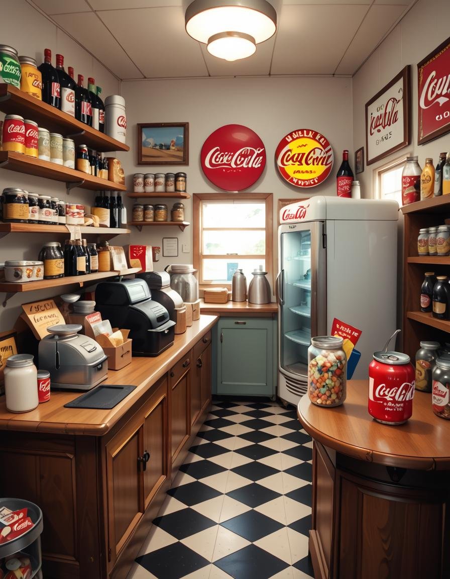 A vintage 1950s grocery store filled with nostalgic details. Wooden shelves neatly stocked with classic canned goods,  gla...