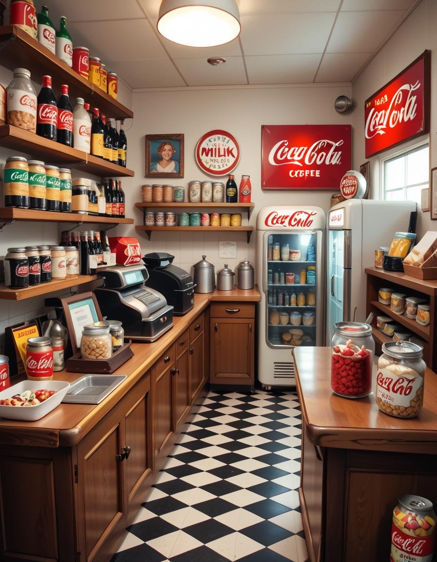 A vintage 1950s grocery store filled with nostalgic details. Wooden shelves neatly stocked with classic canned goods,  gla...