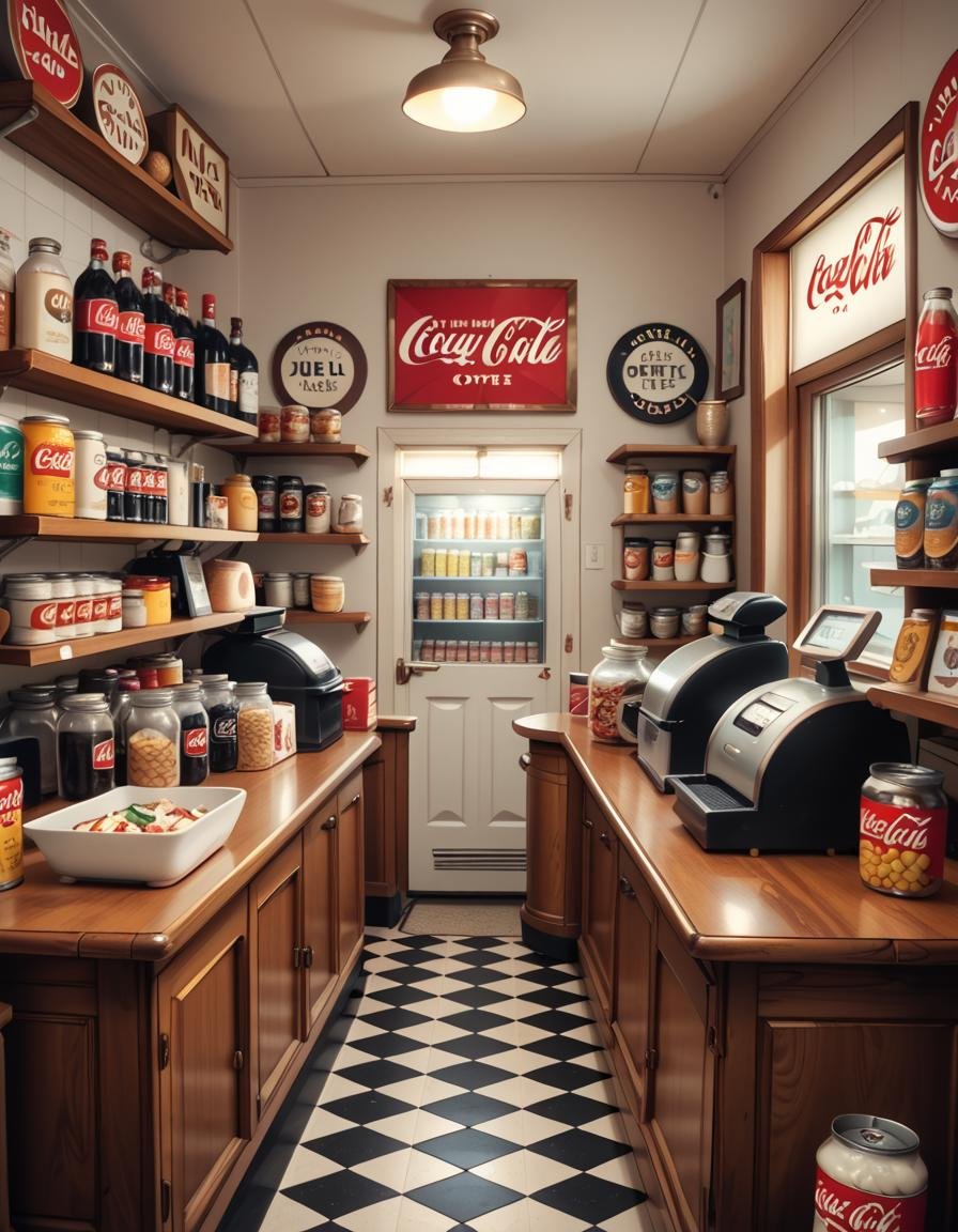 A vintage 1950s grocery store filled with nostalgic details. Wooden shelves neatly stocked with classic canned goods,  gla...
