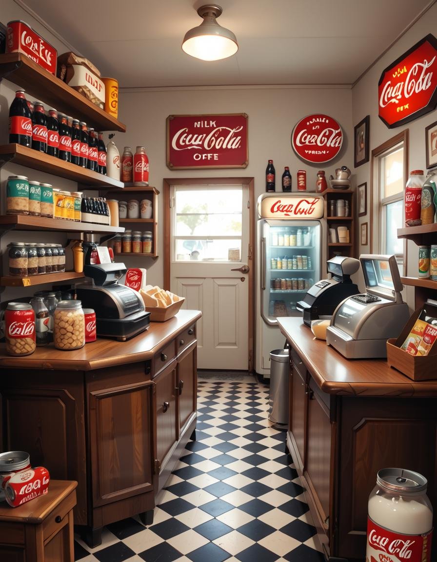 A vintage 1950s grocery store filled with nostalgic details. Wooden shelves neatly stocked with classic canned goods,  gla...