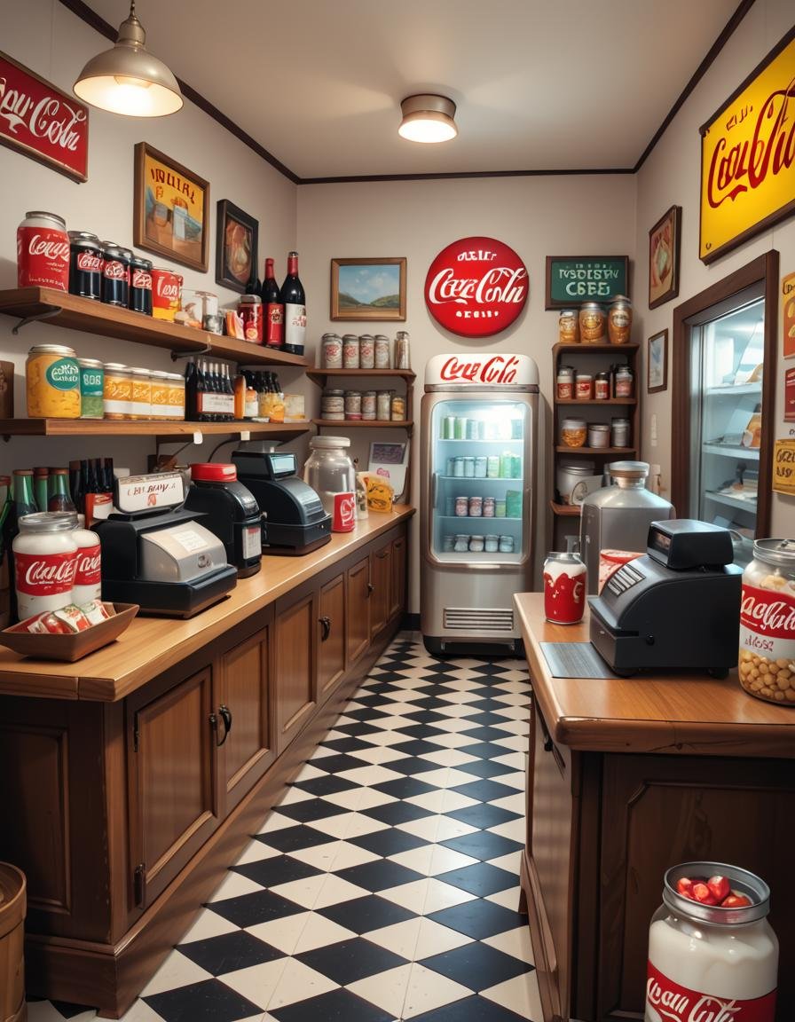 A vintage 1950s grocery store filled with nostalgic details. Wooden shelves neatly stocked with classic canned goods,  gla...