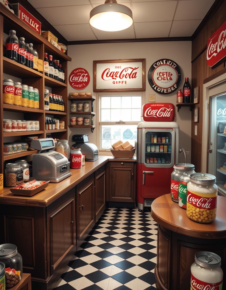 A vintage 1950s grocery store filled with nostalgic details. Wooden shelves neatly stocked with classic canned goods,  gla...