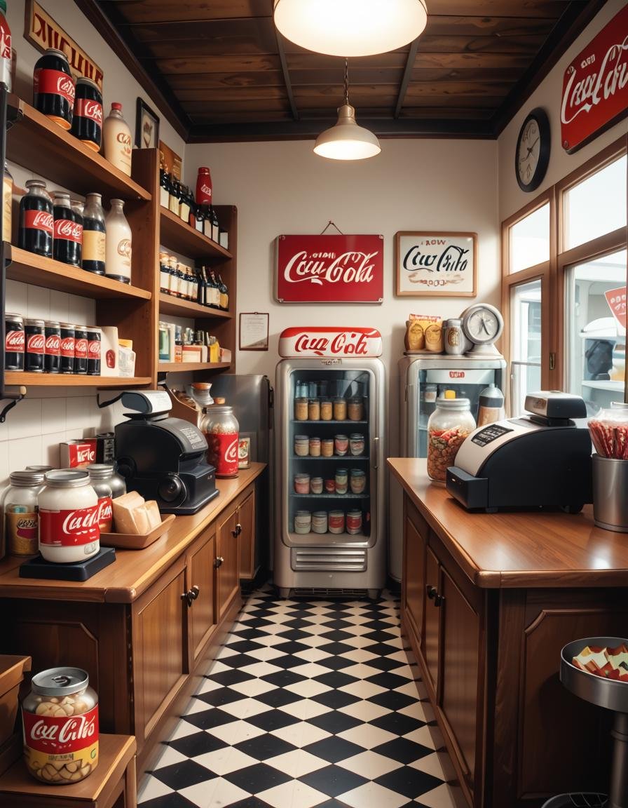 A vintage 1950s grocery store filled with nostalgic details. Wooden shelves neatly stocked with classic canned goods,  gla...