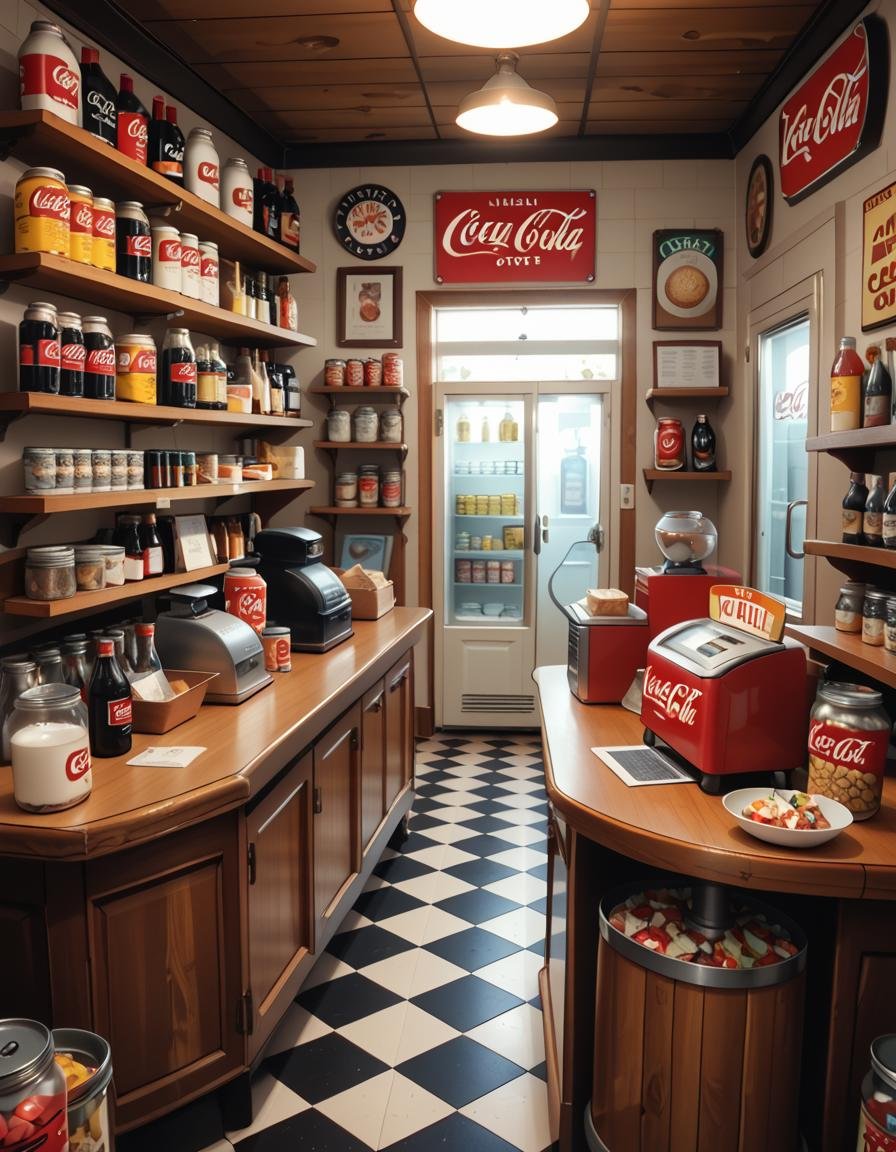 A vintage 1950s grocery store filled with nostalgic details. Wooden shelves neatly stocked with classic canned goods,  gla...
