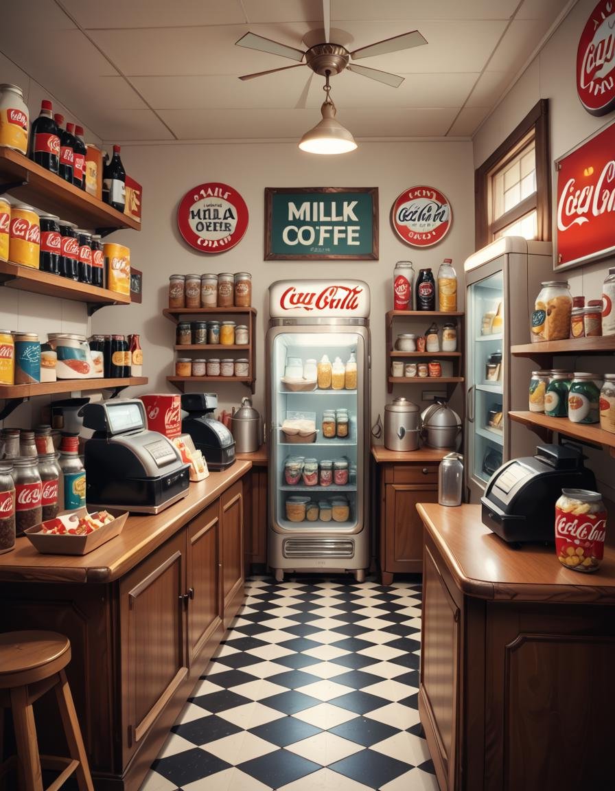 A vintage 1950s grocery store filled with nostalgic details. Wooden shelves neatly stocked with classic canned goods,  gla...