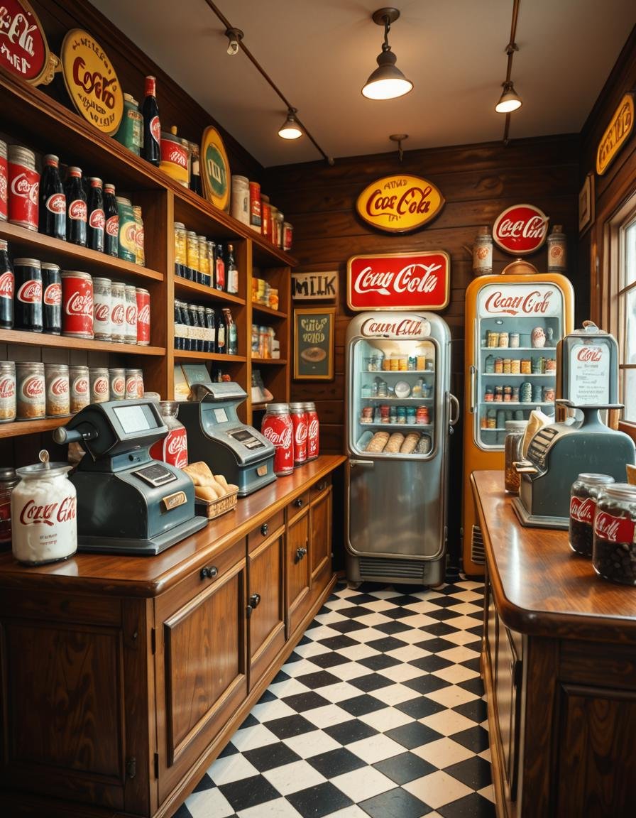 A vintage 1950s grocery store filled with nostalgic details. Wooden shelves neatly stocked with classic canned goods,  gla...