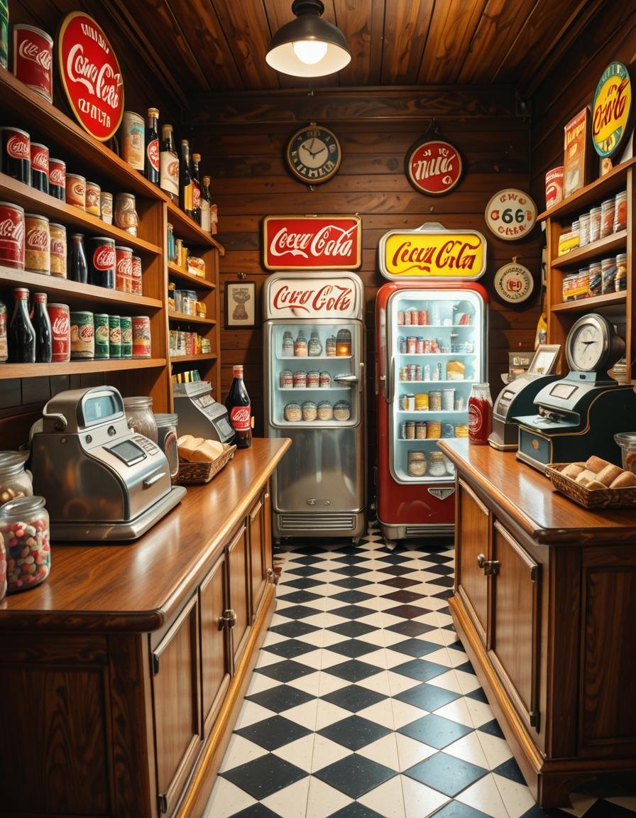 A vintage 1950s grocery store filled with nostalgic details. Wooden shelves neatly stocked with classic canned goods,  gla...