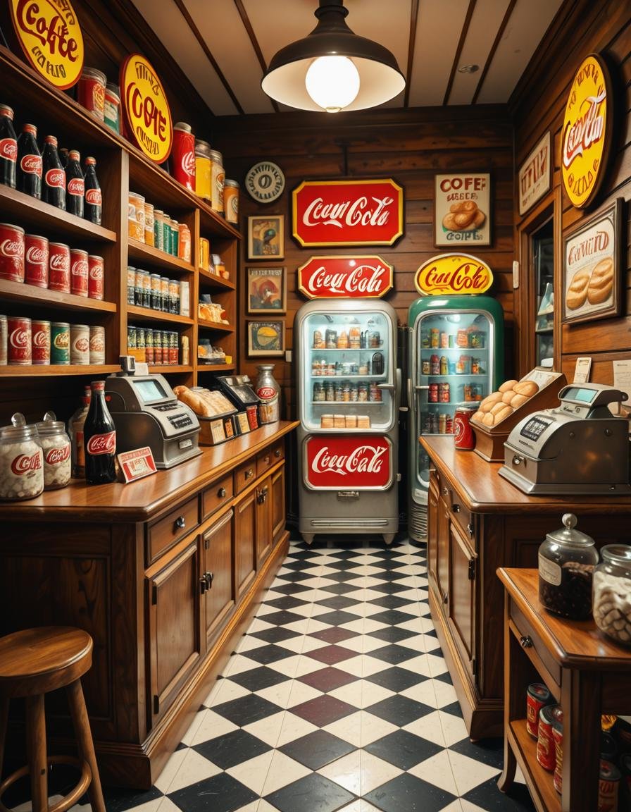 A vintage 1950s grocery store filled with nostalgic details. Wooden shelves neatly stocked with classic canned goods,  gla...