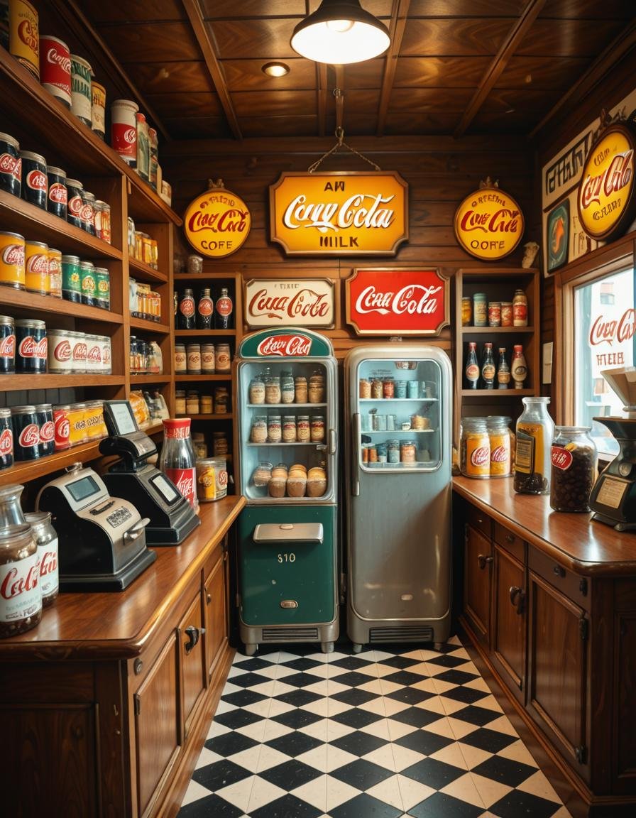 A vintage 1950s grocery store filled with nostalgic details. Wooden shelves neatly stocked with classic canned goods,  gla...