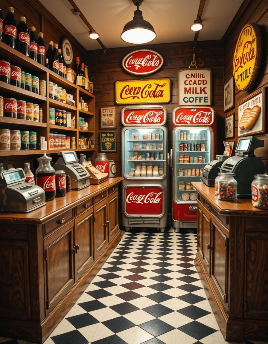 A vintage 1950s grocery store filled with nostalgic details. Wooden shelves neatly stocked with classic canned goods,  gla...