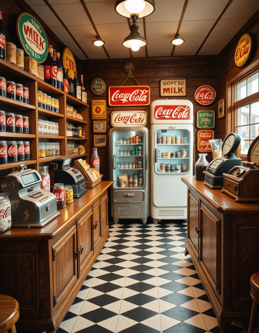 A vintage 1950s grocery store filled with nostalgic details. Wooden shelves neatly stocked with classic canned goods,  gla...