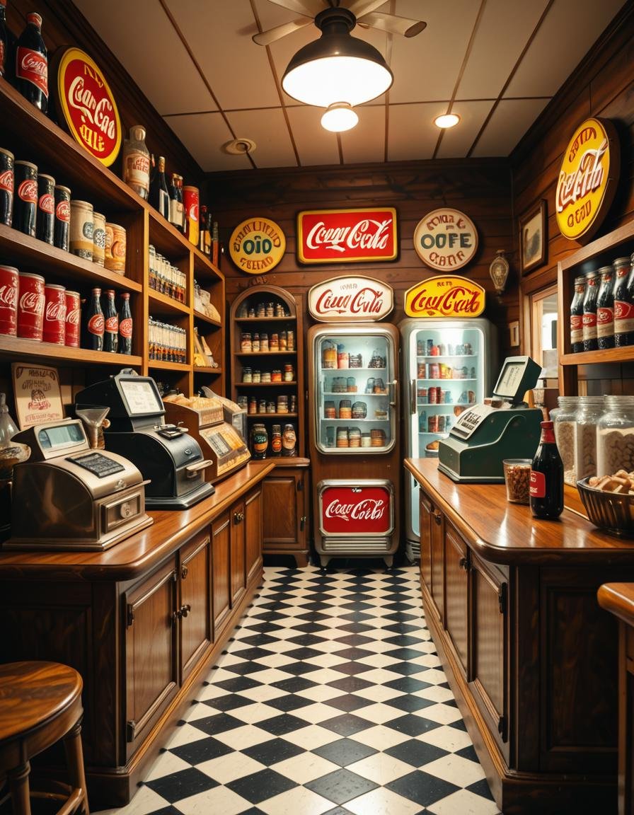 A vintage 1950s grocery store filled with nostalgic details. Wooden shelves neatly stocked with classic canned goods,  gla...