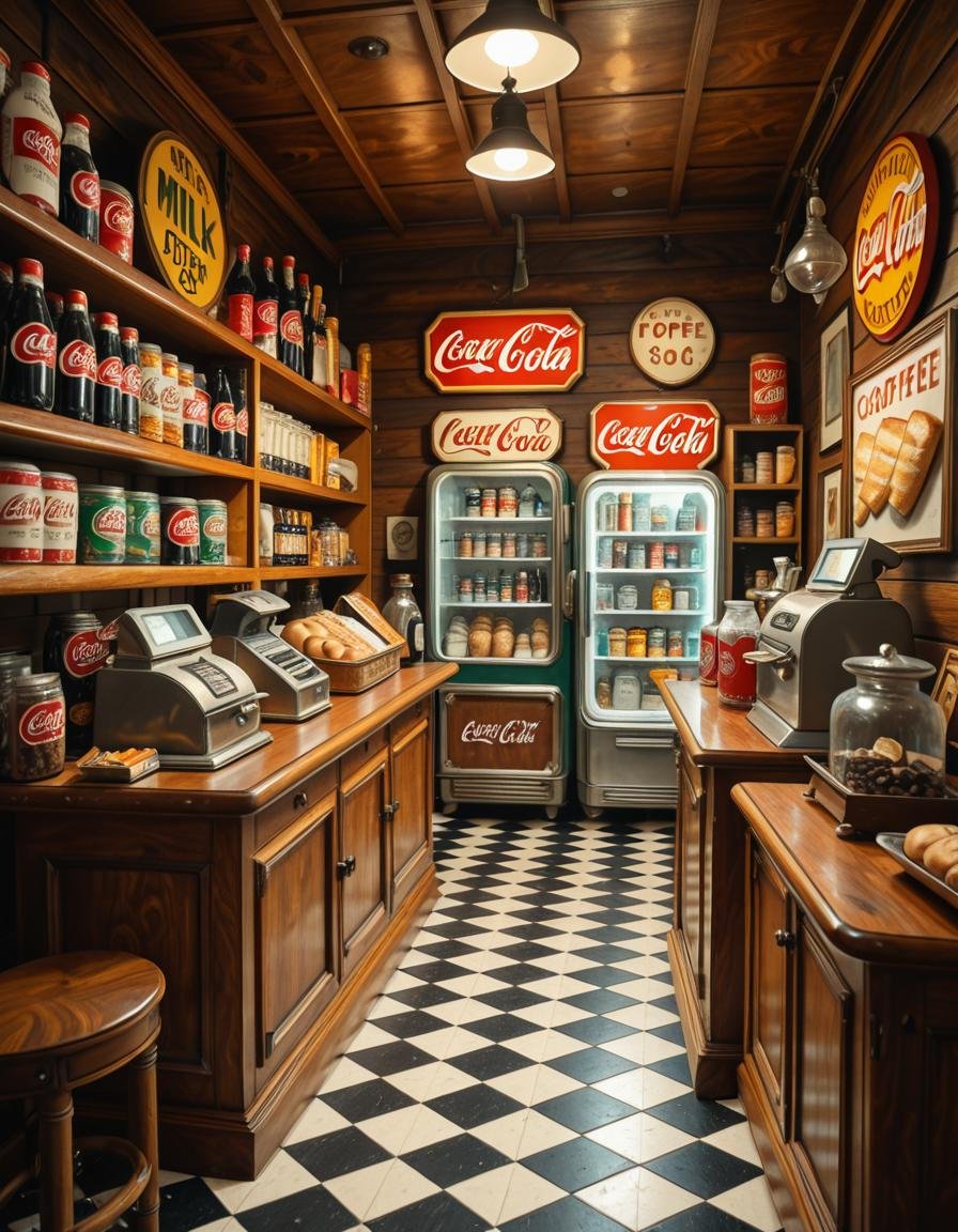 A vintage 1950s grocery store filled with nostalgic details. Wooden shelves neatly stocked with classic canned goods,  gla...