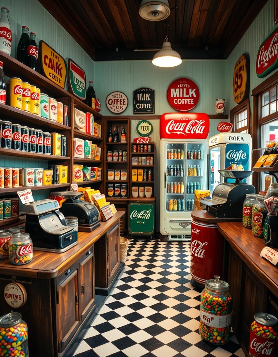 A vintage 1950s grocery store filled with nostalgic details. Wooden shelves neatly stocked with classic canned goods,  gla...