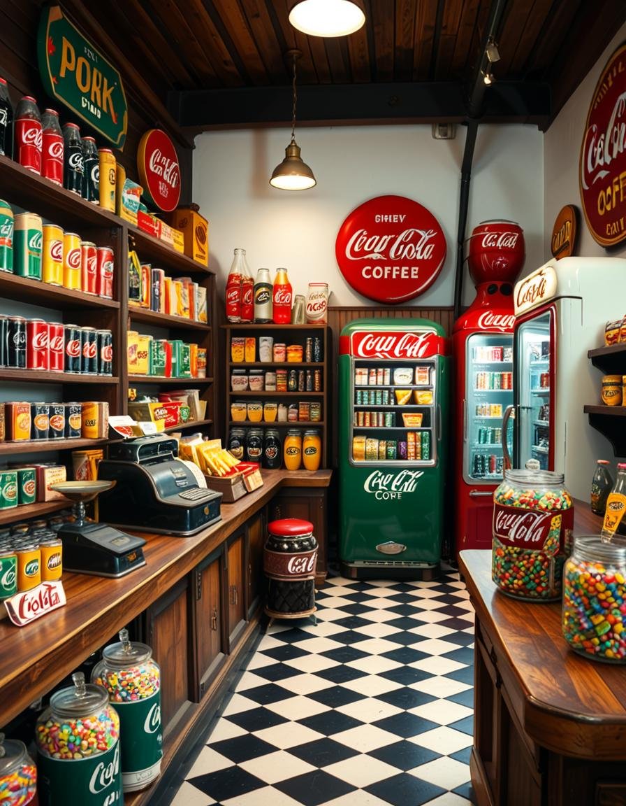 A vintage 1950s grocery store filled with nostalgic details. Wooden shelves neatly stocked with classic canned goods,  gla...