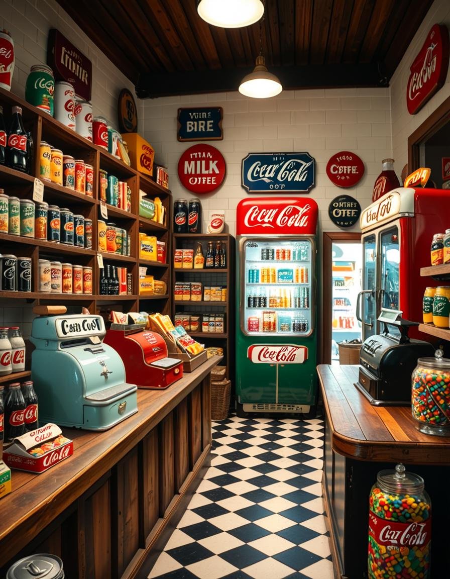 A vintage 1950s grocery store filled with nostalgic details. Wooden shelves neatly stocked with classic canned goods,  gla...